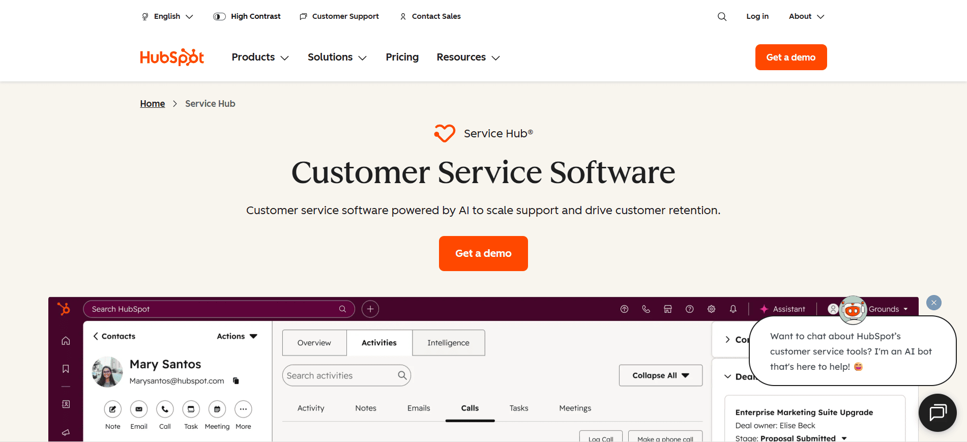 HubSpot Service Hub homepage promoting connected customer service solutions