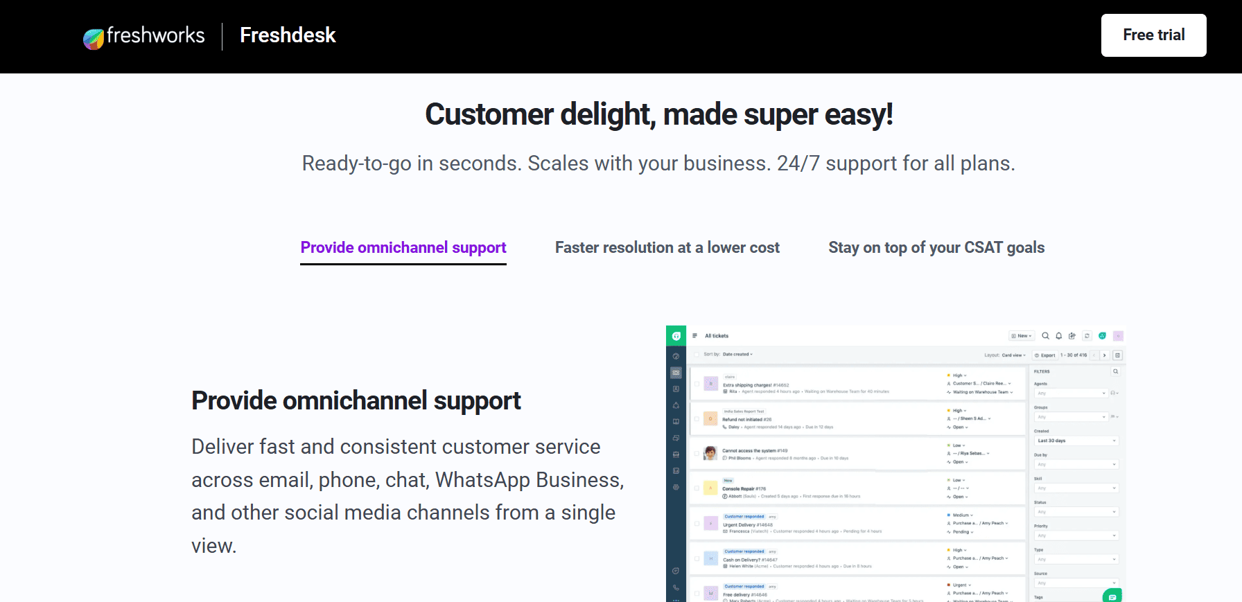 Freshdesk homepage showing its omnichannel support