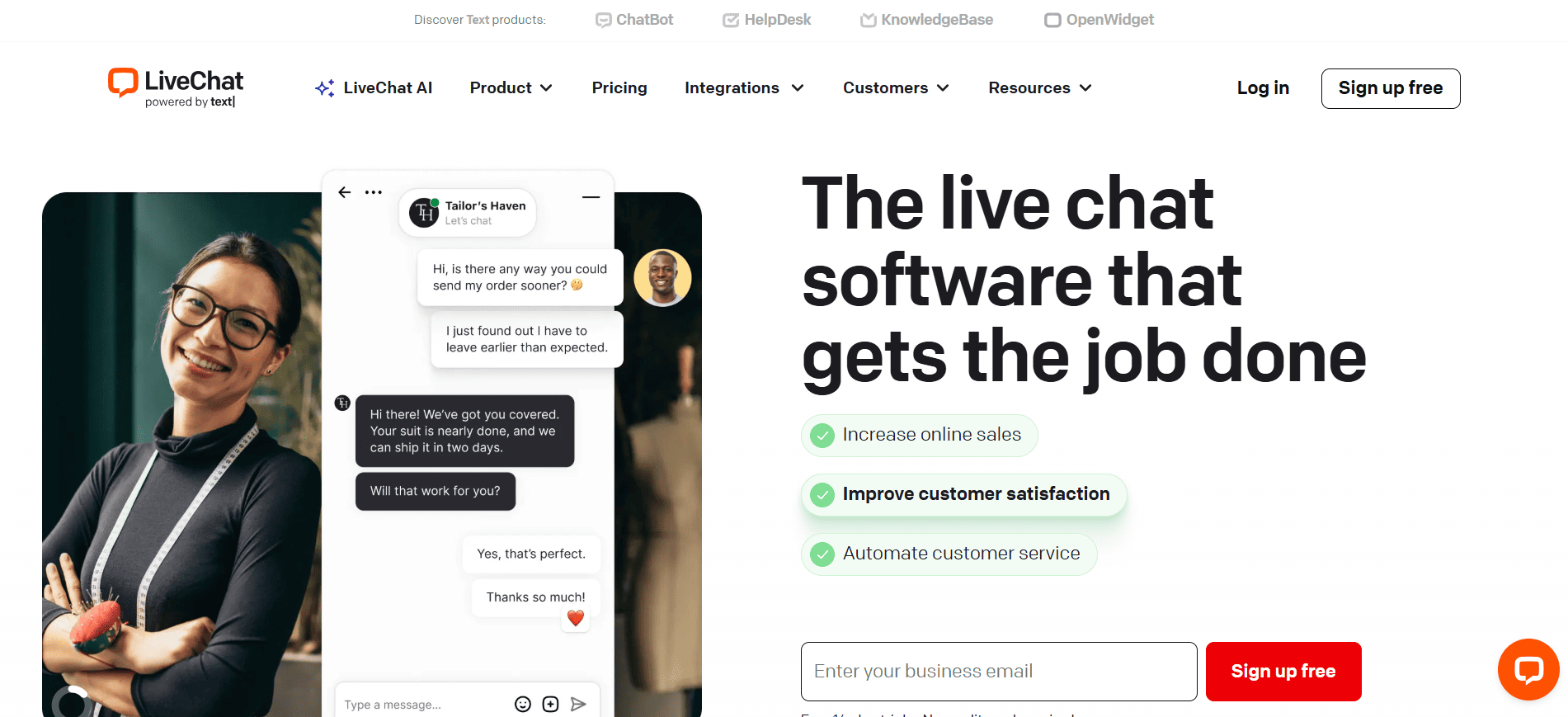 LiveChat homepage highlighting AI agents and live chat software