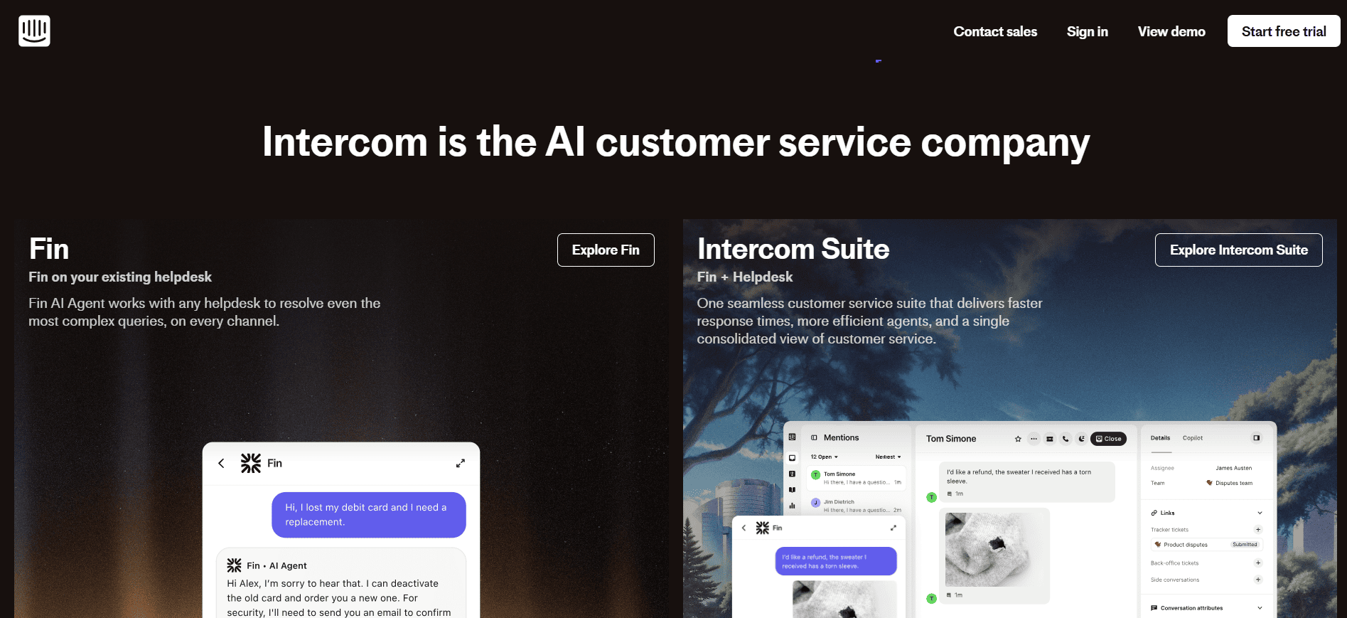 Intercom homepage showing Fin AI and Intercom's helpdesk