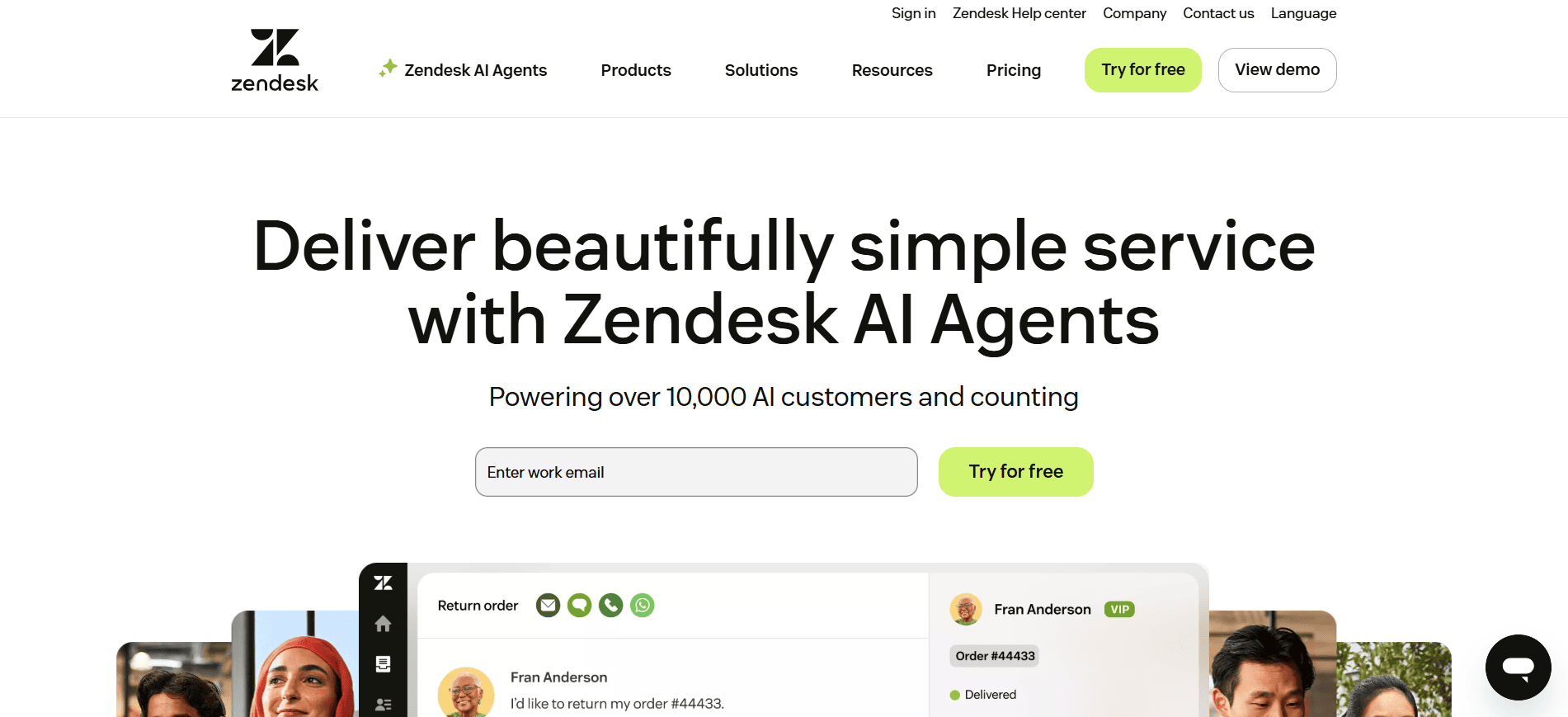 Zendesk homepage featuring its customer support software and AI agents