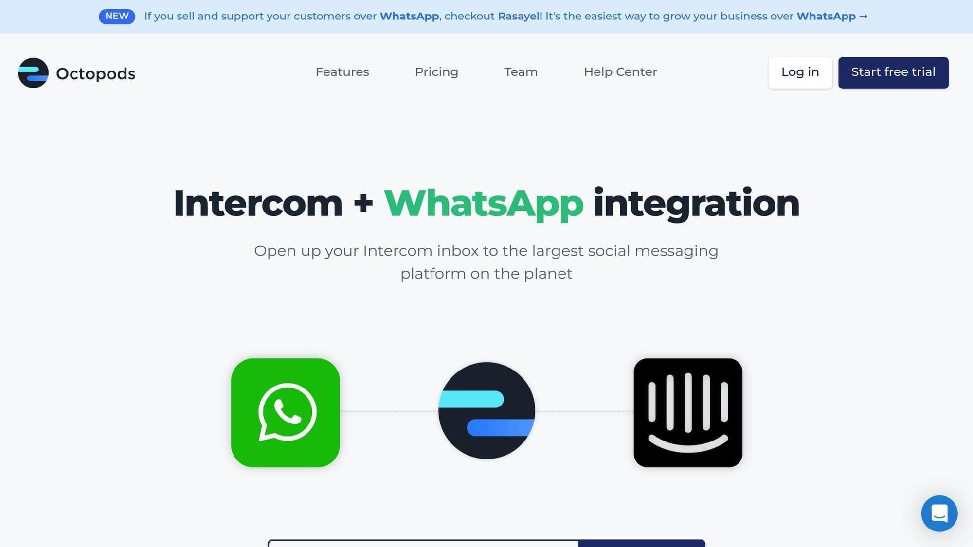 Octopods Intercom and WhatsApp integration page screenshot