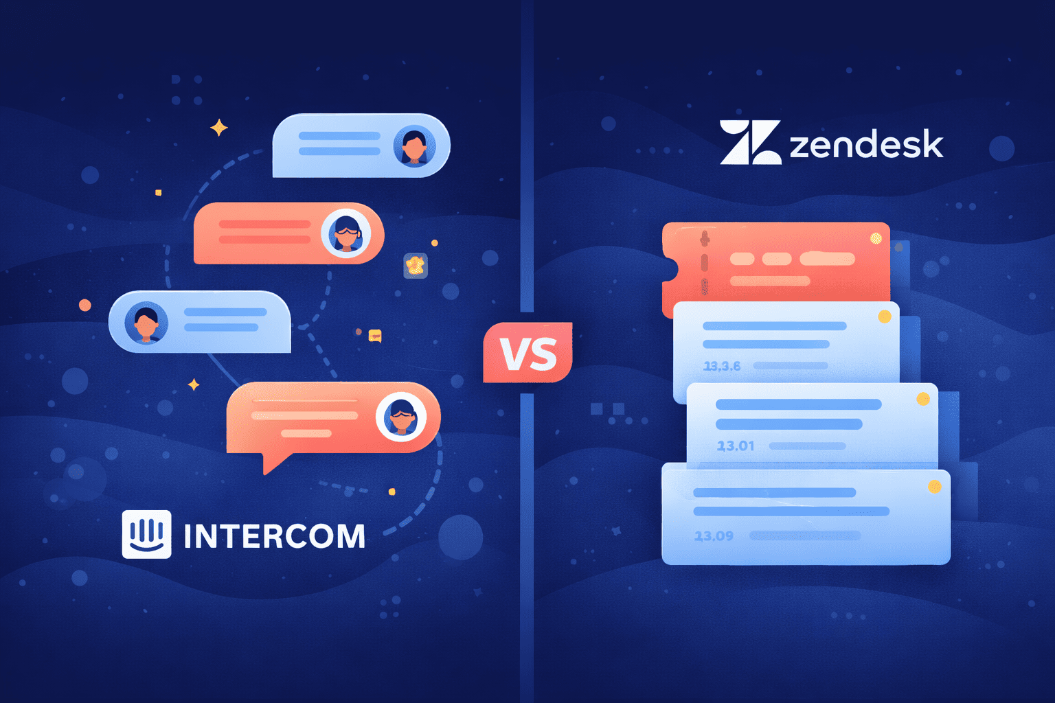 Dark blue split-screen showing Intercom chat threads vs Zendesk ticket stacks with both logos