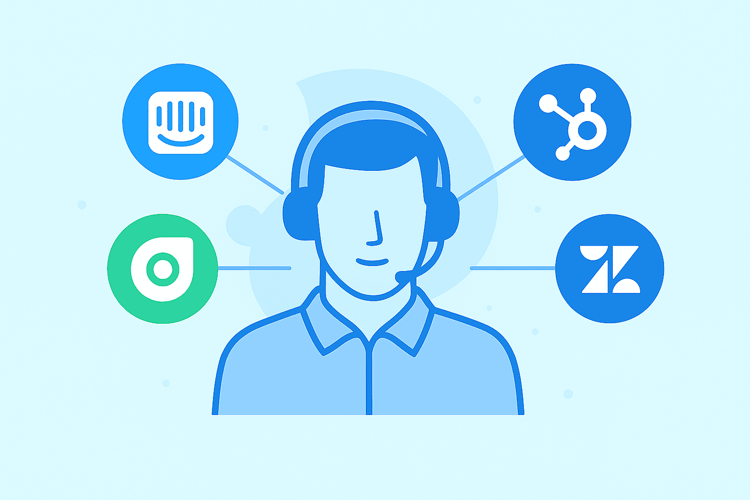 Customer service agent with logos of Intercom, Zendesk, HubSpot, Freshdesk & LiveChat